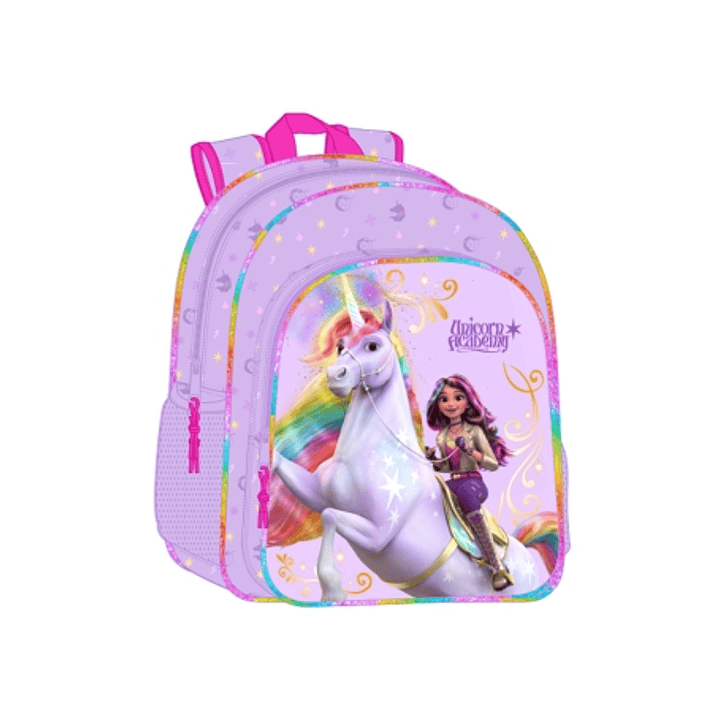 Safta Unicorn Academy Mochila Infantil - Adaptable a Carro - Asa de Mano - Bolsillos Laterales - 33x42x14cm - Color Lila 1