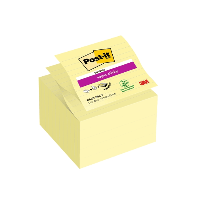Post-It Super Sticky Pack de 5 Blocs de 90 Z-Notas Grandes Adhesivas Reposicionables Z-Notas Grandes - con Lineas - Color Amarillo Claro 1