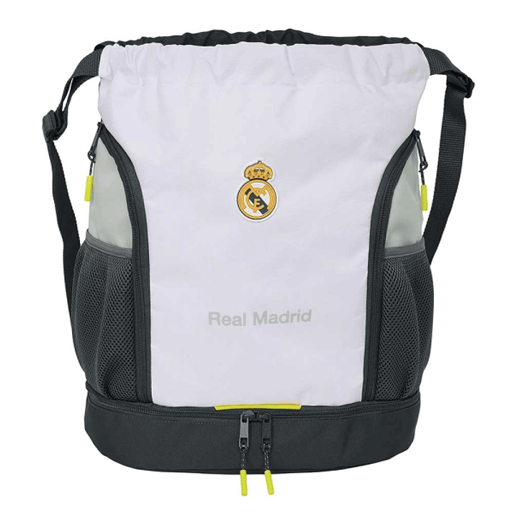 Safta Real Madrid Saco Mochila de 21.93L - Portabotellas - Hombreras Ajustables - Bolsillos con Cremallera - 35x40x1cm - Color Blanco y Negro 1