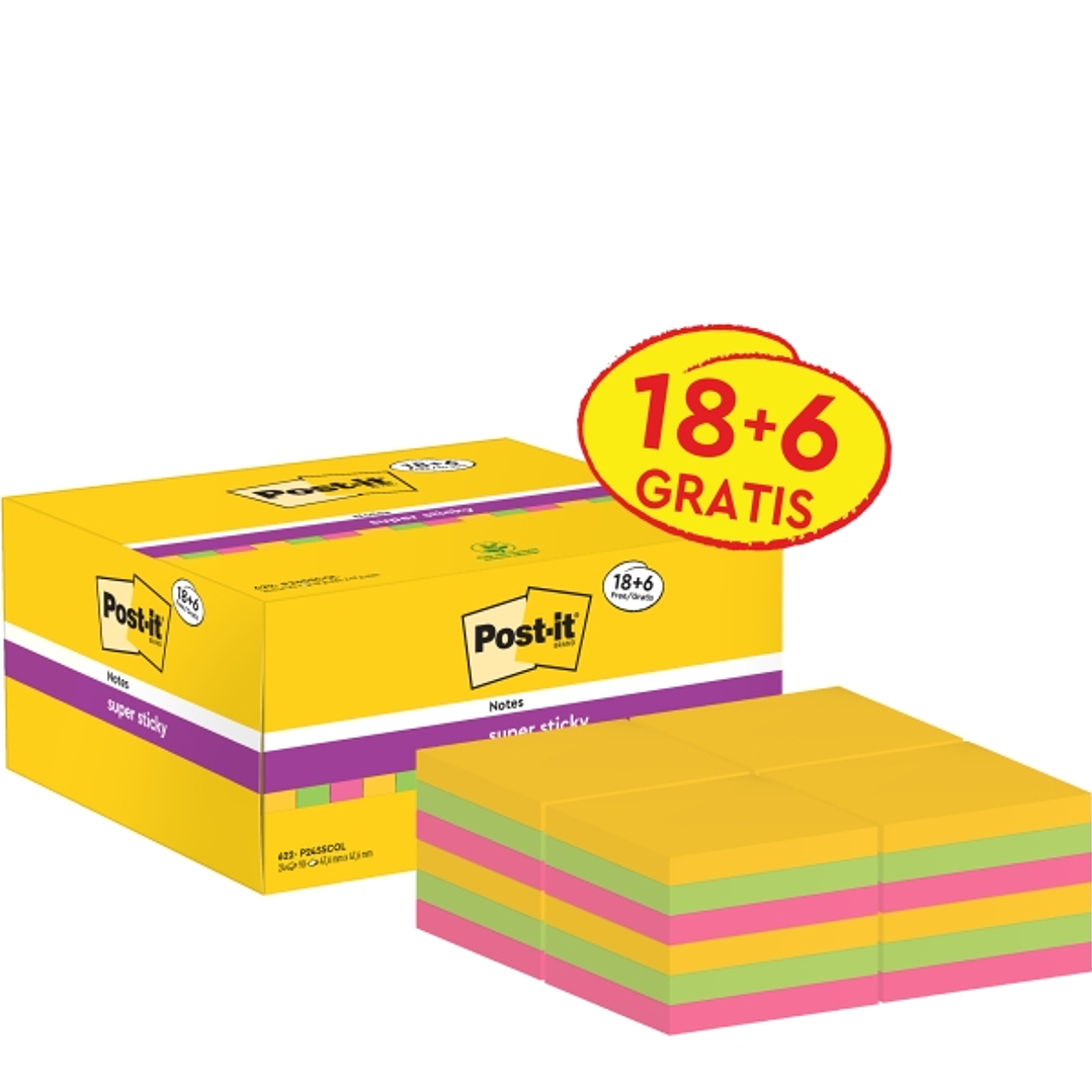 Post-It Super Sticky Pack de 24 Blocs de 90 Notas Adhesivas Reposicionables - 47.6x47.6mm - Promocion 18 Blocs + 6 Gratis - Colores Surtidos 1