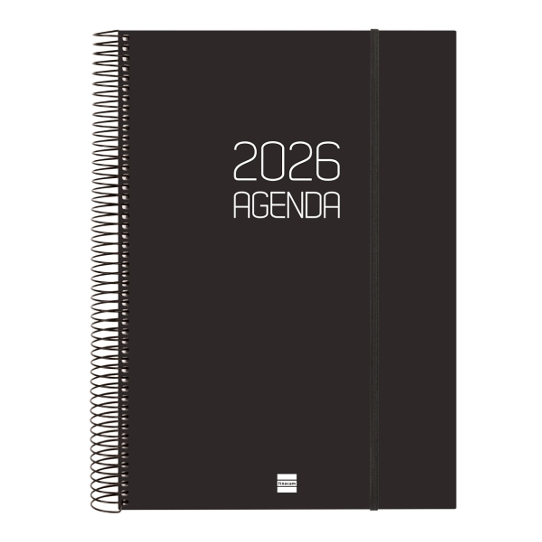 Finocam Opaque Agenda de Espiral - Anual 2026 - Tapa Ligera - Cierre con Goma Elastica - Formato E40 - 230x29x297mm - 1 Dia por Pagina - Color Negro 1