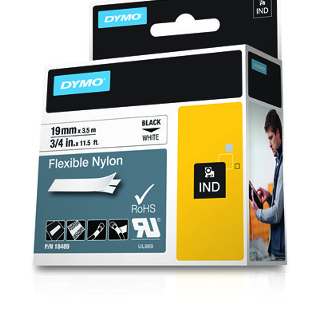 Dymo Rhino ID1-19 Cinta de Etiquetas Original para Rotuladora - Texto Negro sobre Fondo Blanco - Ancho 19mm x 3.5 metros - 18489 1