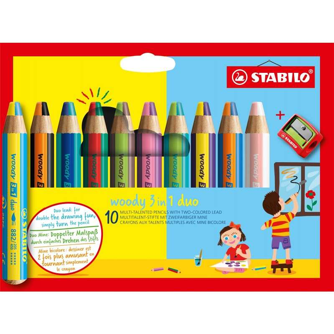 Stabilo Woody 3 en 1 Duo Pack de 10 Lapices de Colores + Sacapuntas - Mina 2 Colores XXL 10mm - Lapiz de Color, Cera  Acuarela, Todo en Uno - Colores  1