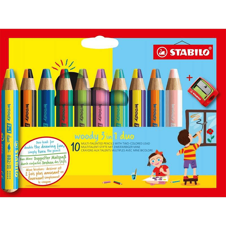 Stabilo Woody 3 en 1 Duo Pack de 10 Lapices de Colores + Sacapuntas - Mina 2 Colores XXL 10mm - Lapiz de Color, Cera  Acuarela, Todo en Uno - Colores  1