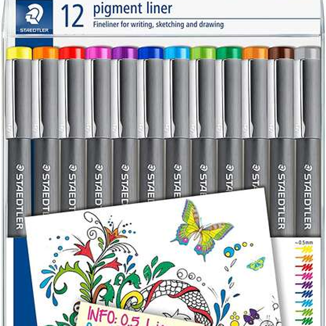 Staedtler Pigment Liner 308 Pack de 12 Rotuladores Calibrados - Trazo 0.5mm - Secado Rapido - Colores Surtidos 1