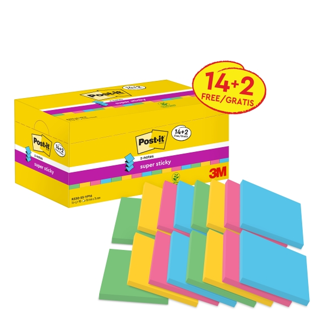 Post-It Super Sticky Pack de 16 Blocs de 90 Notas Adhesivas Reposicionables - Forma Cuadrada - 76x76mm - en Zig-Zag - Colores Surtidos 1