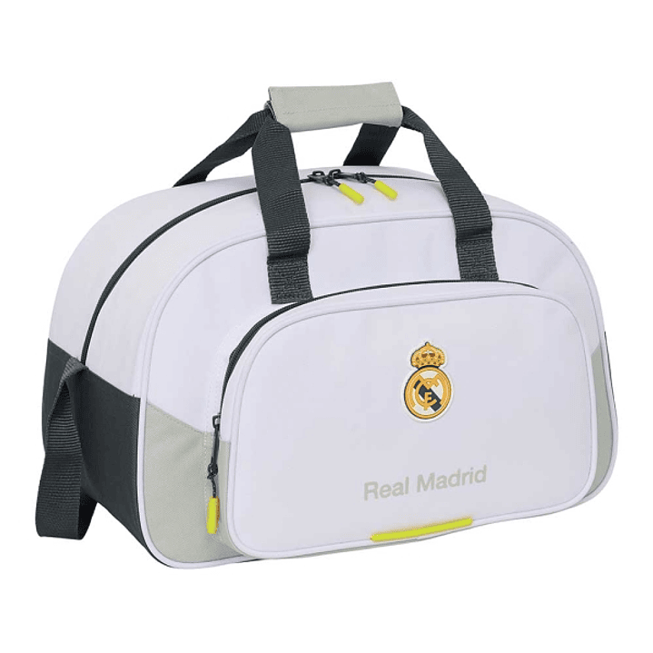 Safta Real Madrid Bolsa Deporte - Bandolera de 22L Ajustable - Tacos en la Base - Fondo Semirigido - 40x24x23cm - Color Blanco y Negro 1