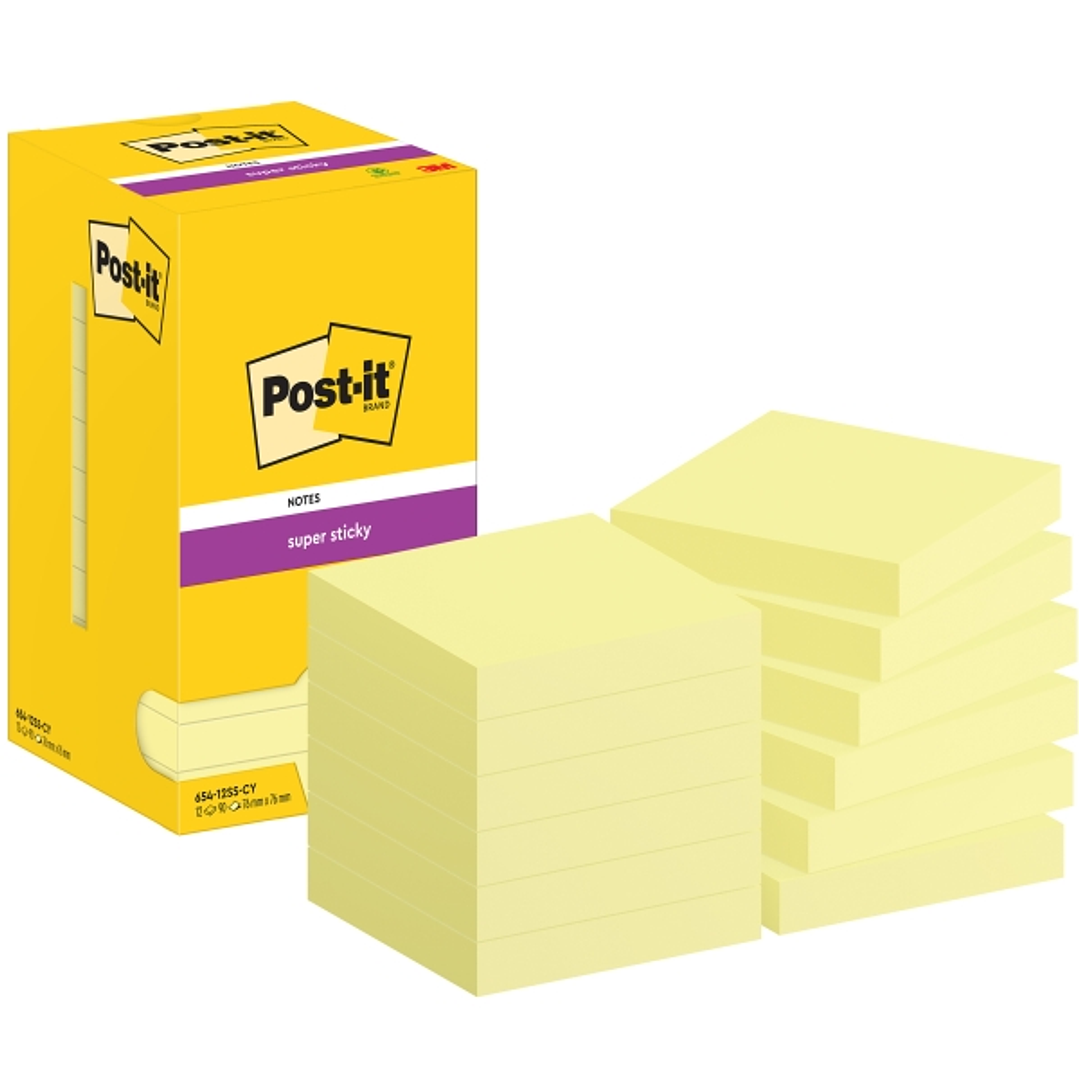 Post-It Super Sticky Pack de 12 Blocs de 90 Notas Adhesivas Reposicionables - 76x76mm - Paquete de Carton - Color Amarillo Claro 1