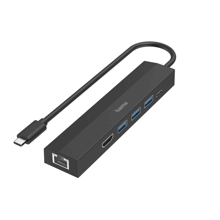 Hama Entry Hub USB 3.2 - Potencia Maxima 100W - Cable USB-C Integrado de 15cm - LAN Ethernet 1Gbps - HDMI 4K - 3x USB-A - USB-C - Power Delivery - Col 1