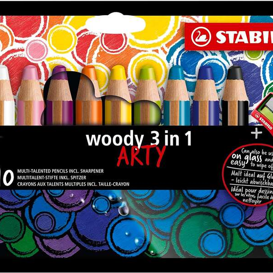 Stabilo Woody 3 en 1 Arty Pack de 10 Lapices de Colores + Sacapuntas - Lapiz de Color, Cera y Acuarela, Todo en Uno - Mina XXL 10mm - Colores Surtidos 1