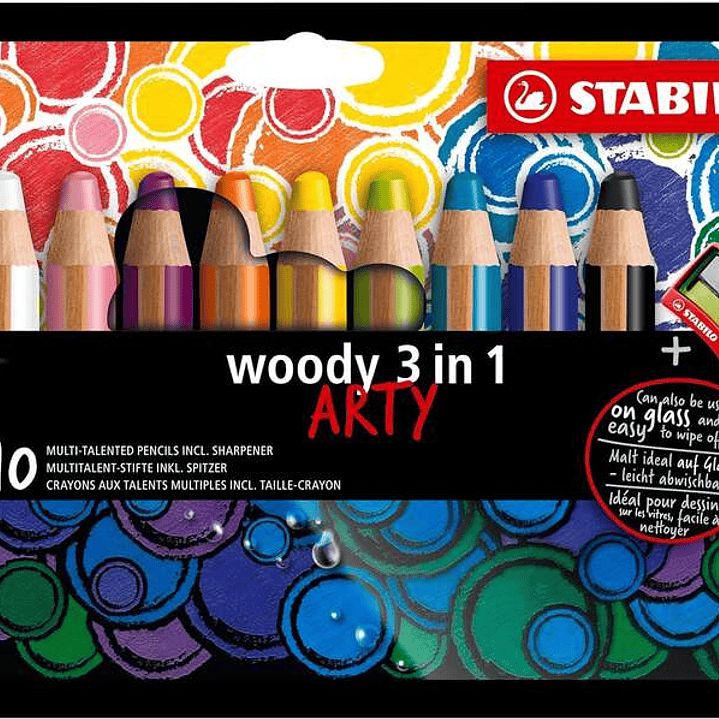 Stabilo Woody 3 en 1 Arty Pack de 10 Lapices de Colores + Sacapuntas - Lapiz de Color, Cera y Acuarela, Todo en Uno - Mina XXL 10mm - Colores Surtidos 1