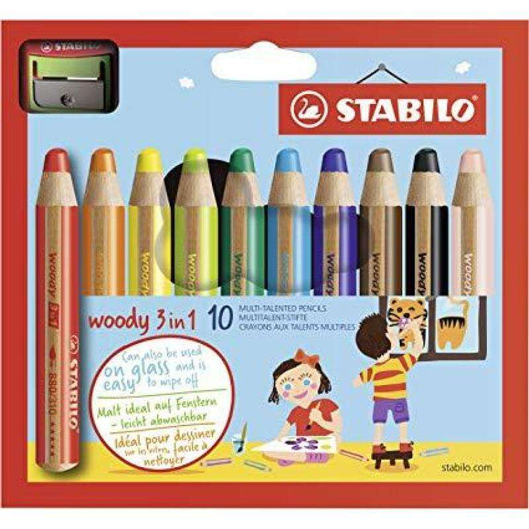 Stabilo Woody 3 en 1 Pack de 10 Lapices de Colores + Sacapuntas - Lapiz de Color, Cera y Acuarela, Todo en Uno - Mina XXL 10mm - Colores Surtidos 1