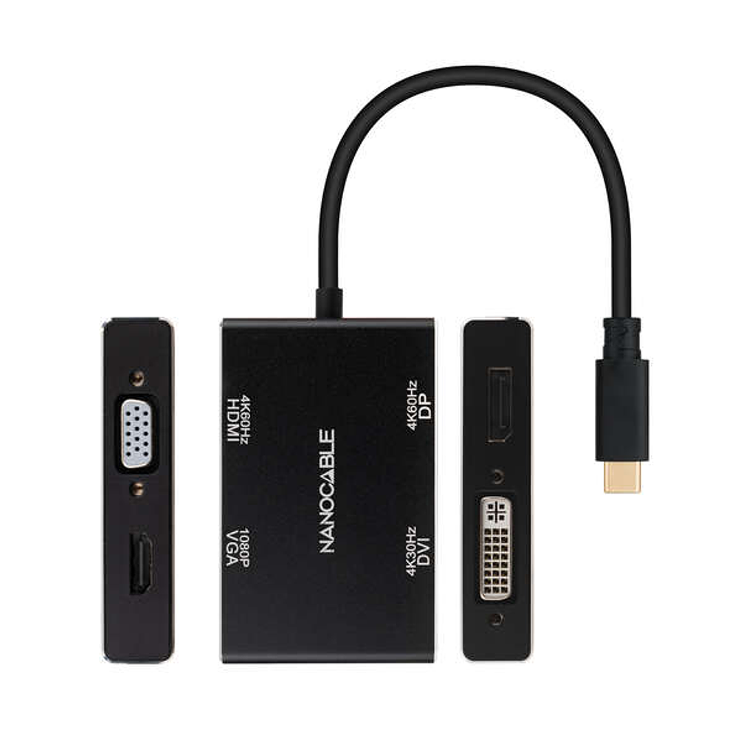 Nanocable Conversor USB-C/M a HDMI/H + DVI/H + DP/H + VGA/H - 10cm - Color Negro 1