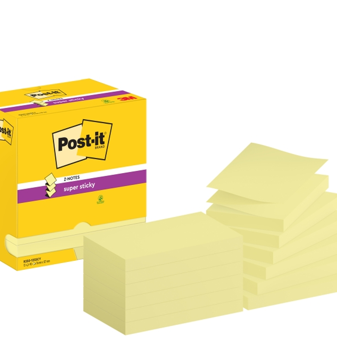 Post-It Super Sticky Pack de 12 Blocs de 90 Notas Adhesivas Reposicionables - Forma Rectangular - 76x127mm - en Zig-Zag - Color Amarillo Claro 1