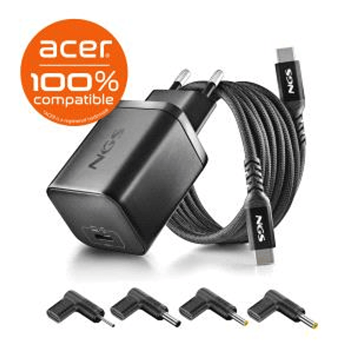 NGS BUD65W-AC Cargador GaN 65W para Portatiles Acer - USB C Power Delivery y PPS - 4 Conectores DC Incluidos - Cable USB C 1.5m 60W - Diseño Ultraport 1