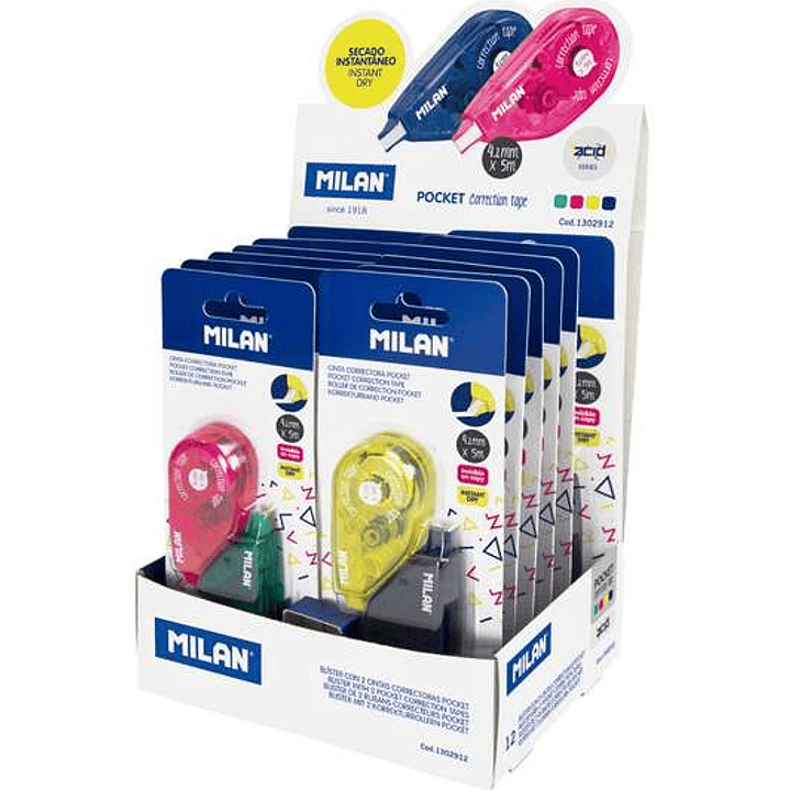 Milan Pocket Acid Expositor de 24 Cintas Correctoras en Blisters de 2uds. 4,2mm x 5m - Correcion en Seco - Rapida, Limpia y Precisa - Para todo Tipo d 1
