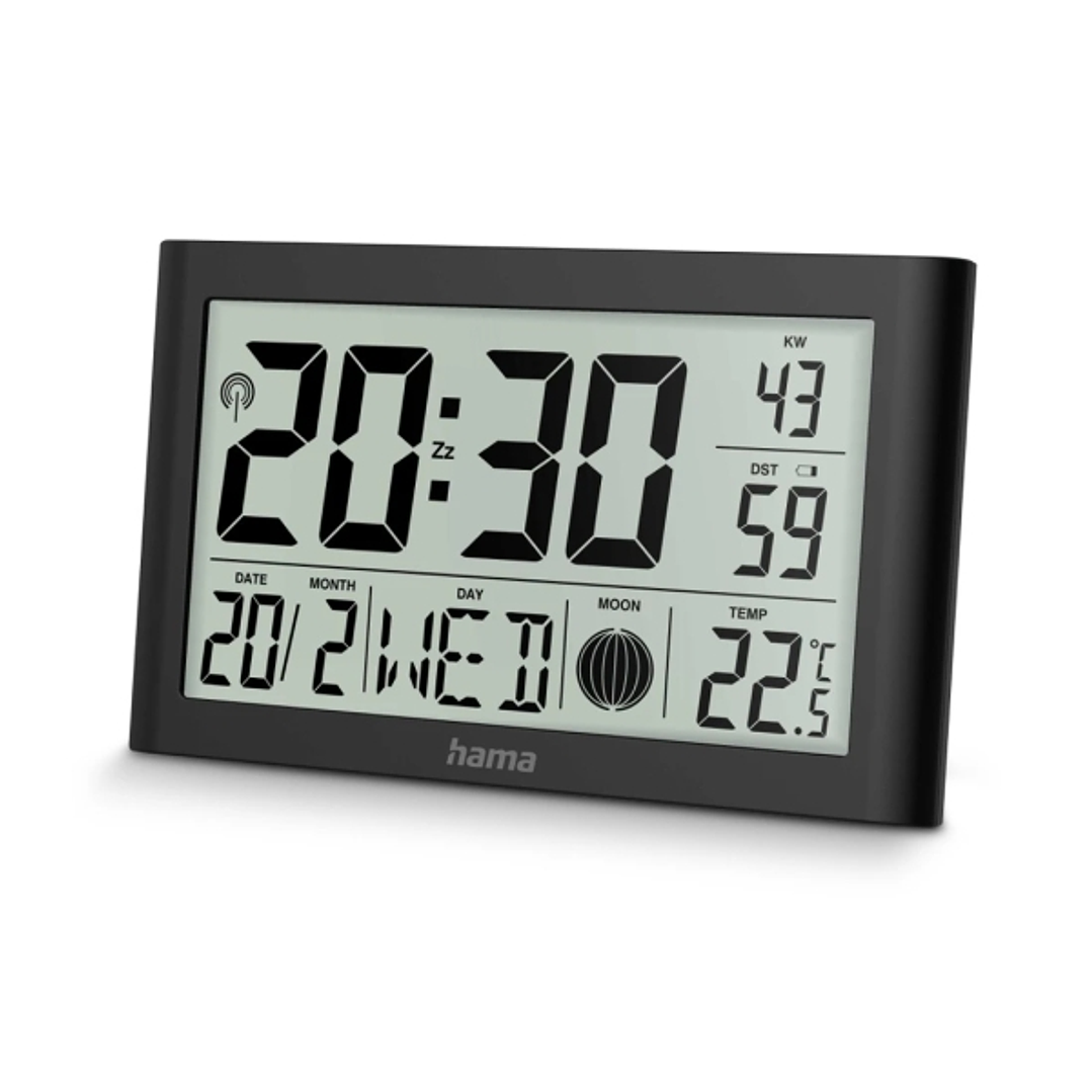 Hama Martinique Reloj de Pared Digital - Termometro - Visualizacion de Fases Lunares - Zona Horaria Ajustable - Radio - 20x12x2.6cm - Color Negro 1