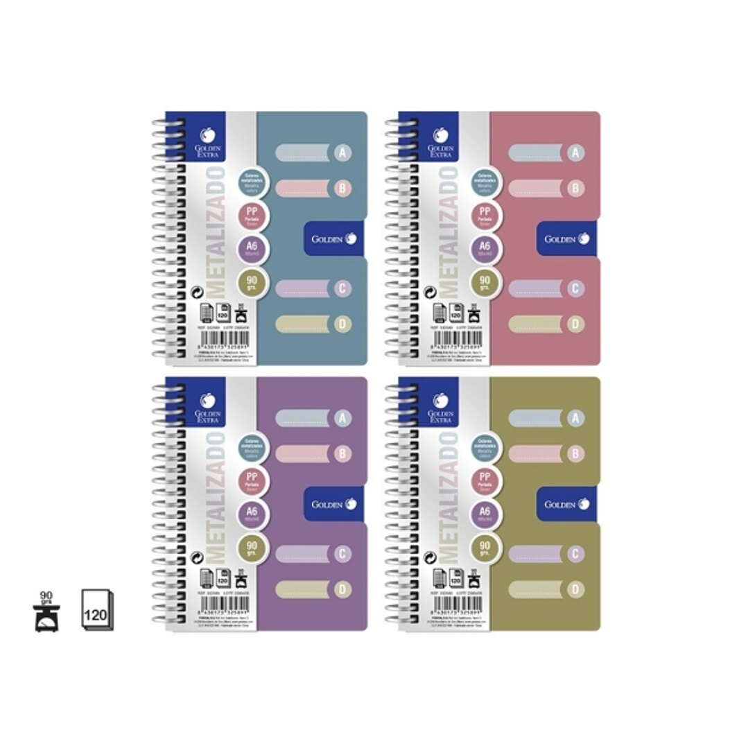 Golden Pack de 12 Cuadernos A6 120 Hojas 90gr Cuadricula 5x5 - Tapa Polipropileno - 4 Separadores - Colores Metalizados Surtidos 1