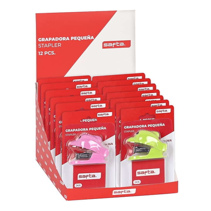 Safta Expositor con 12 Grapadoras Manuales - Sistema Quitagrapas Integrado - Incluye Caja de Grapas - Compatible con 24/6 - Sujetan hasta 10 Hojas - C 1
