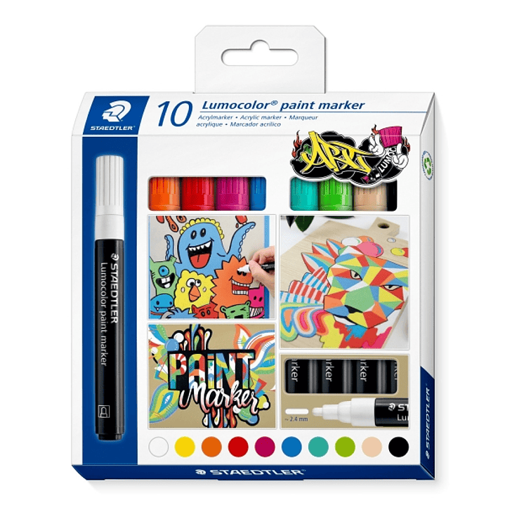 Staedtler Lumocolor 349 Pack con 10 Marcadores Acrilicos Permanentes - Trazo 2.4 mm aprox. - Tinta Base de Agua - Colores Surtidos 1