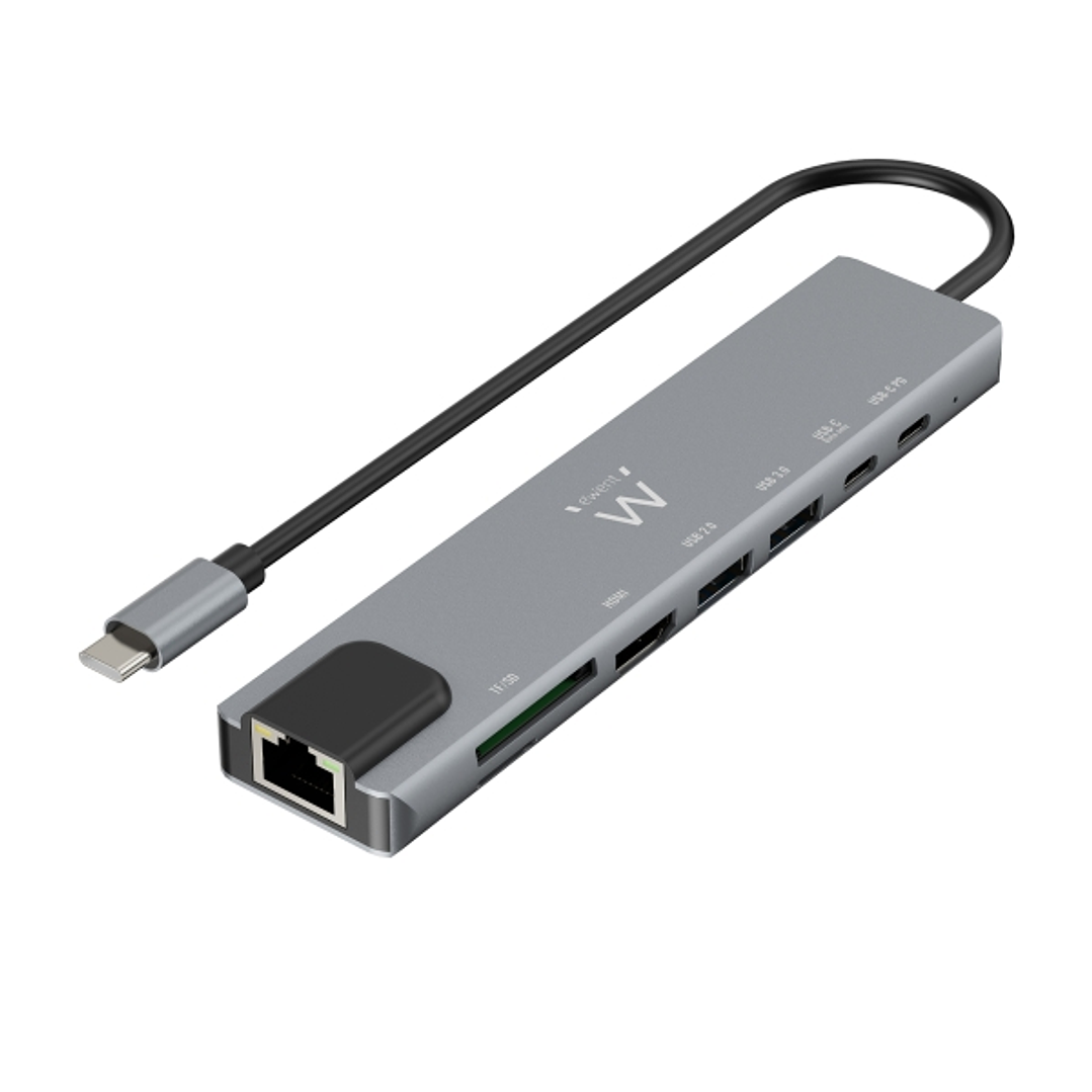 Ewent USB-C Dock 8 en 1 - HDMI 4K - PD 87W - USB-C - 2xUSB-A - LAN - Lector de tarjetas - Color Plata 1
