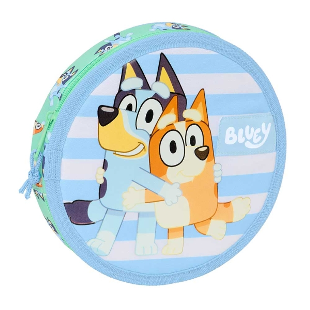 Safta Bluey Sisters Plumier Redondo - 18 Piezas - Cremallera - Goma - Lapiz - 6 Colores - 8 Rotuladores - Sacapuntas - 210x35mm - Color Azul 1