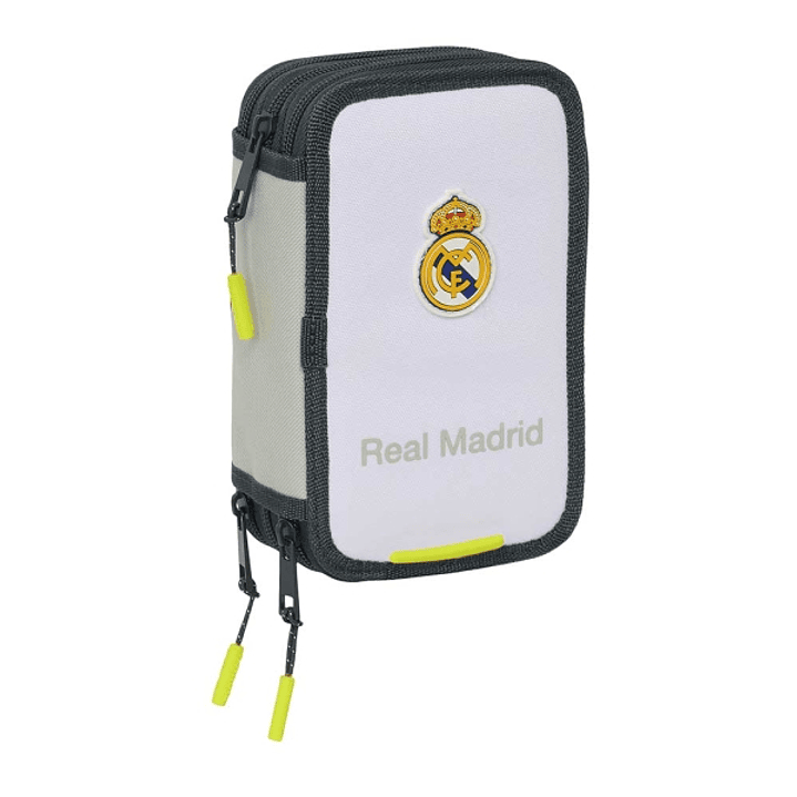 Safta Real Madrid Plumier de 1.3L con 37 Piezas - 3 Compartimentos - Cierre de Cremallera - 12.5x19.5x5.5cm - Color Blanco y Negro 1