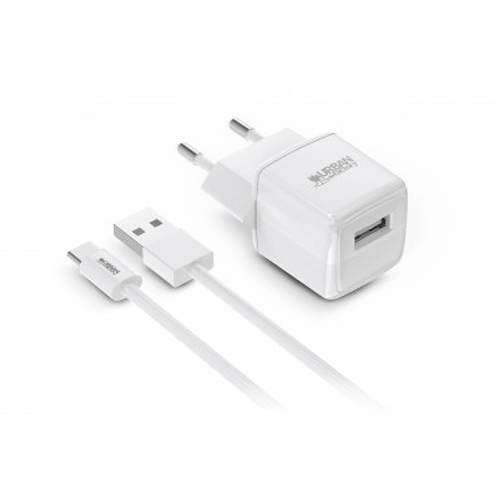 Urban Factory Powee Cargador de Pared USB-A 2.4 A/12W - Cable USB-A a USB-C de 1m - Color Blanco 1