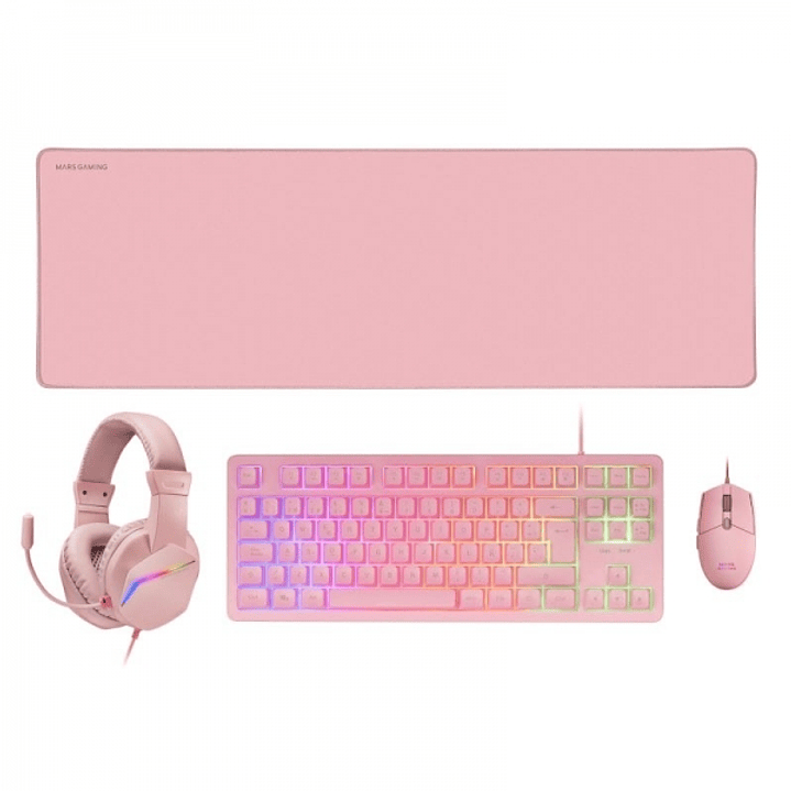 Mars Gaming MCP-RGB3 Combo Gaming 4en1 - Teclado TKL H-Mech RED - Raton RGB 3200 DPI - Auriculares FRGB - Alfombrilla XXL Antideslizante - Color Rosa 1