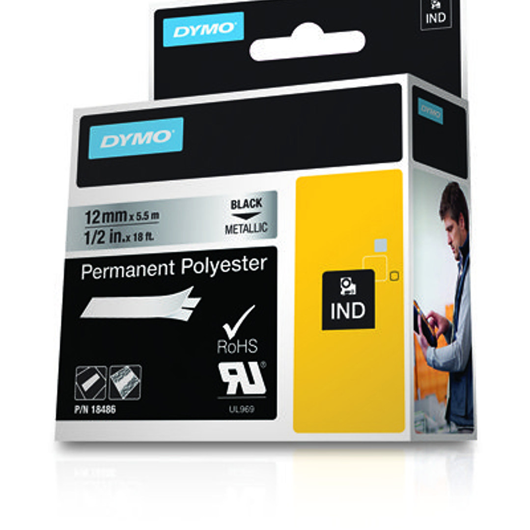 Dymo Rhino ID1-12 Cinta de Etiquetas Original para Rotuladora - Texto Negro sobre Fondo Plata - Ancho 12mm x 5.5 metros - 18486 1