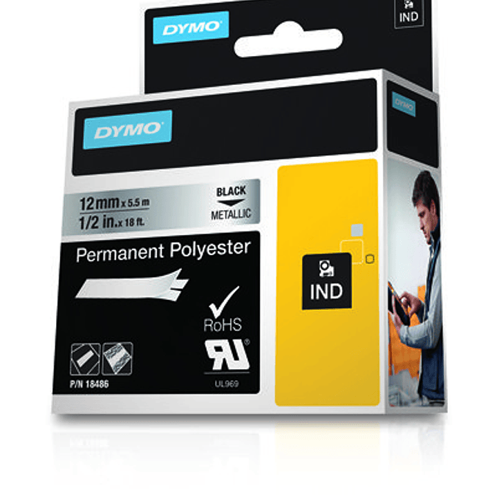 Dymo Rhino ID1-12 Cinta de Etiquetas Original para Rotuladora - Texto Negro sobre Fondo Plata - Ancho 12mm x 5.5 metros - 18486 1