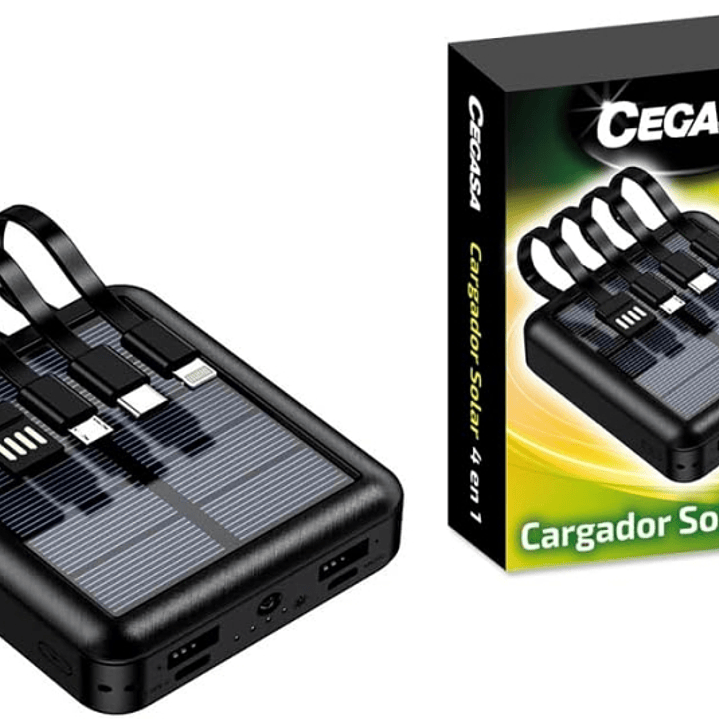 Cegasa Powerbank Solar 4 en 1 5000mAh - Salidas USB-C, Lighting, USB-A, Micro USB - Con Linterna - Color Negro 1