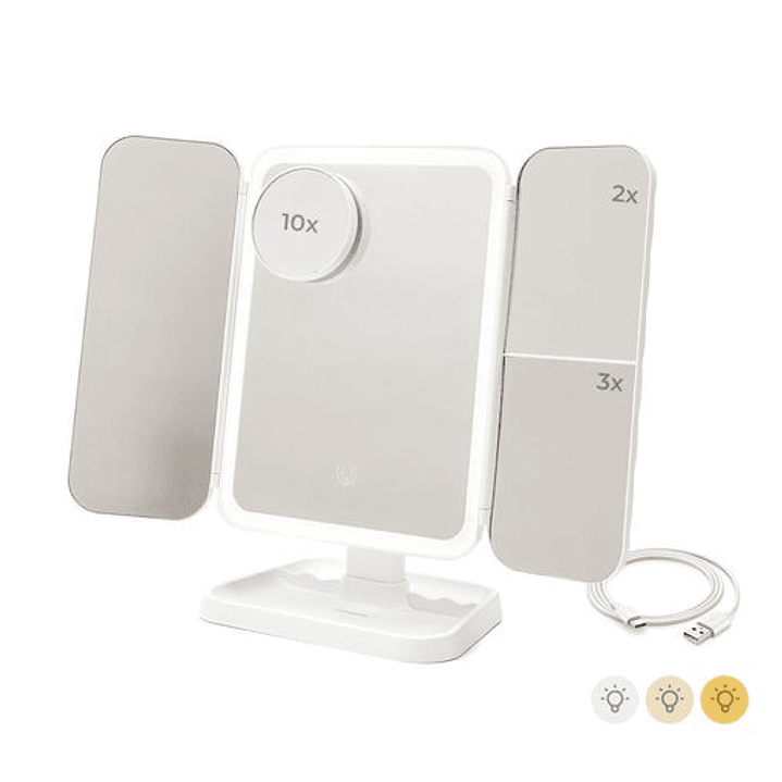 Innovagoods Miled Espejo de Maquillaje Triptico - Tactil - Bateria 2000mAh - Cable USB-C Incluido - Luz LED - Recargable - Plegable - Pies Antidesliza 1