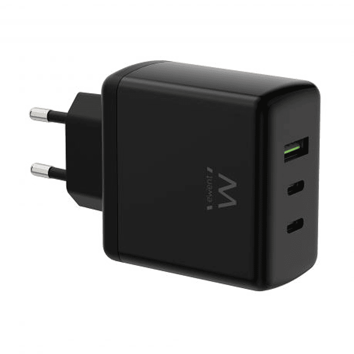 Ewent EW1330 Cargador GaN Universal de Pared 65W Ultrarapido - 2x USB-C PD 3.0 y 1x USB-A QC 3.0 - Color Negro 1