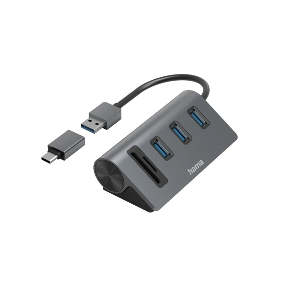 Hama Essential Hub USB 3.2 - Cable USB-A Integrado - Adapatador USB-C - Tarjeta SD - Tarjeta Micro-SD - 3x USB-A - Color Negro y Gris 1