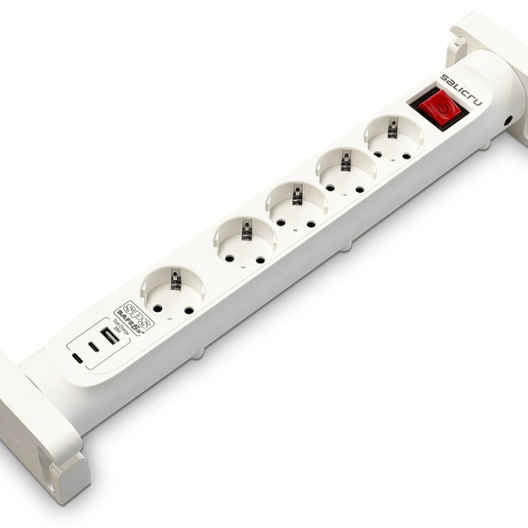 Salicru Regleta SPS SAFE 5S+ Protectores Electricos Activos de Ultima Generacion - 5 Tomas Schuko - 1xUSB-A, 2xUSB-C - Color Blanco 1