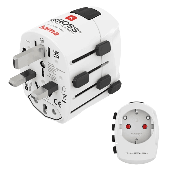 Hama World Travel Pro Adaptador de Viaje Universal - Potencia hasta 1750W - Voltaje 100-250V - Color Blanco 1