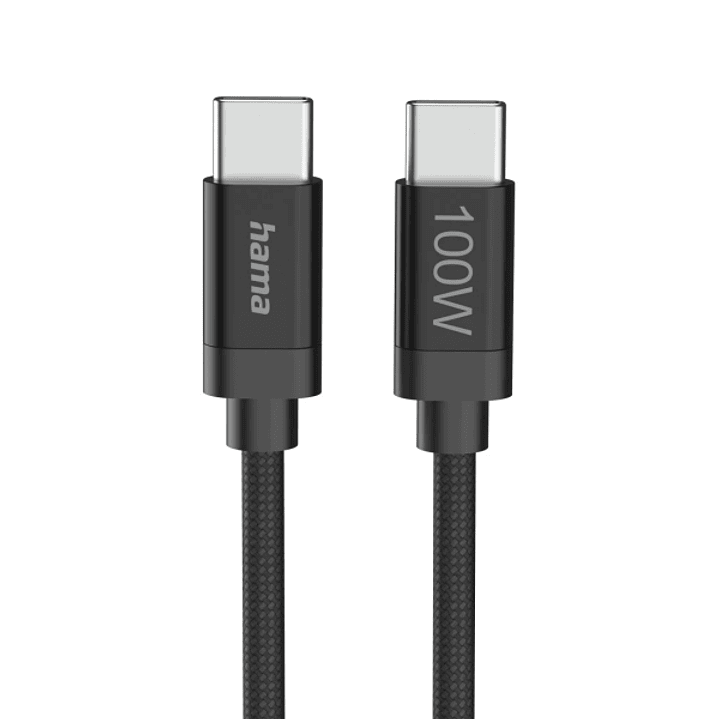Hama Fabric Cable USB-C Macho - Potencia Maxima 100W - Longitud 3m - Nailon - Velocidad hasta 480Mbps - Blindaje Doble - Color Negro 1