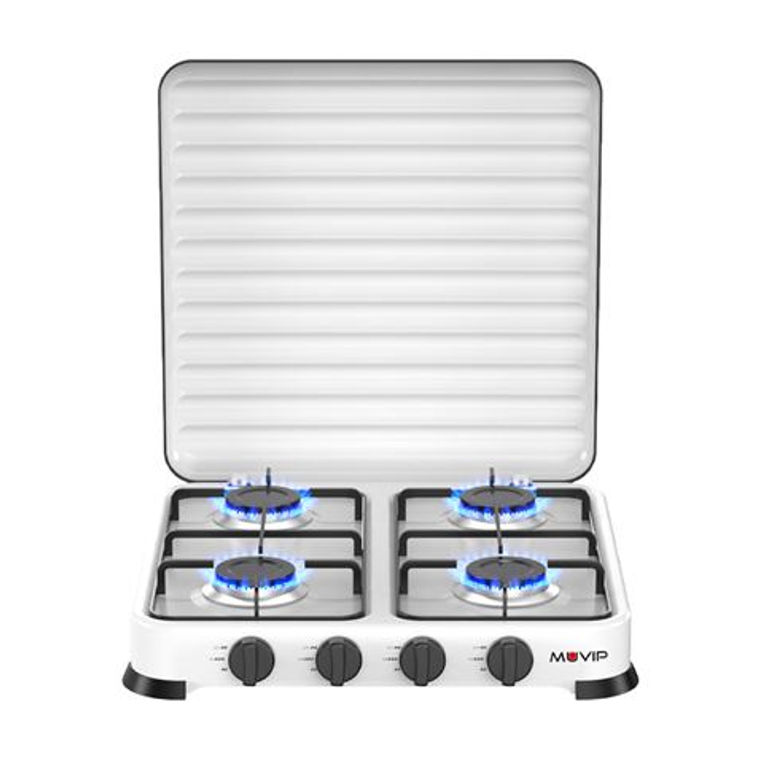 Muvip Vulcano Cocina de Gas con 4 Fuegos - Tapa Protectora - Patas de Goma - Superficie Esmaltada - Quemador Extraible - 47.8x47.8x60cm - Color Blanco 1