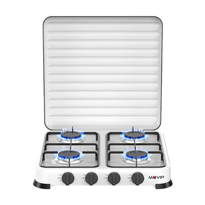 Muvip Vulcano Cocina de Gas con 4 Fuegos - Tapa Protectora - Patas de Goma - Superficie Esmaltada - Quemador Extraible - 47.8x47.8x60cm - Color Blanco 1