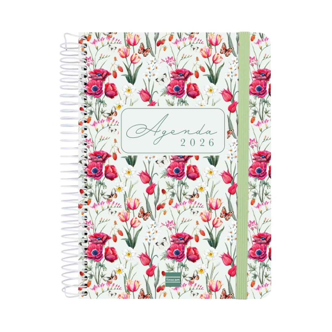 Finocam Cloe Agenda de Espiral en Catalan - Anual 2026 - Planificador - Cierre de Goma - Formato E10 - 175x28x214mm - 1 Dia por Pagina - Color Verde 1