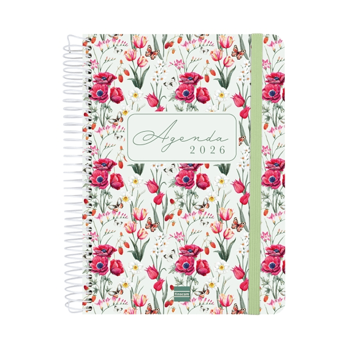 Finocam Cloe Agenda de Espiral en Catalan - Anual 2026 - Planificador - Cierre de Goma - Formato E10 - 175x28x214mm - 1 Dia por Pagina - Color Verde 1