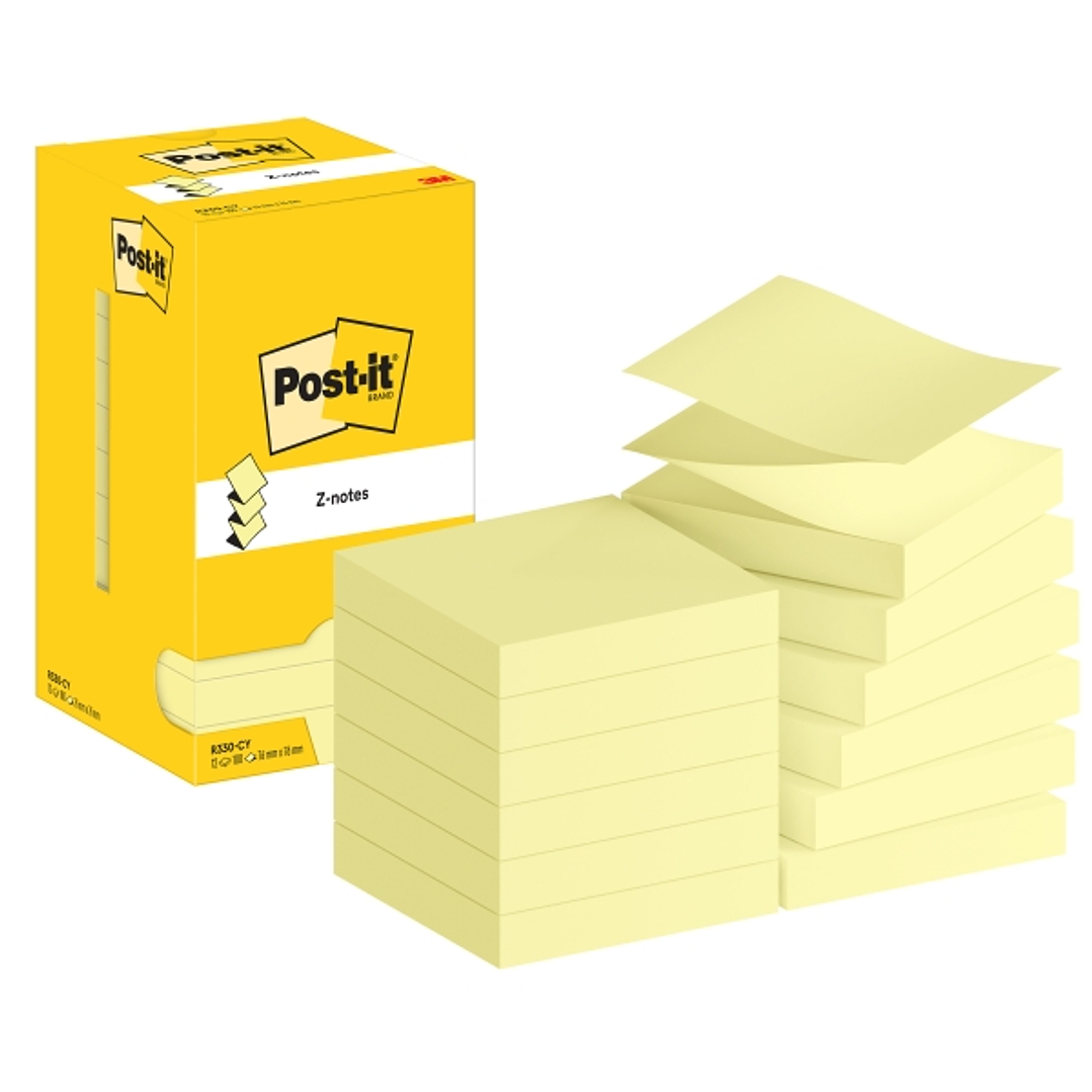 Post-It Pack de 12 Blocs de 100 Z-Notas Adhesivas Reposicionables - Forma Cuadrada - 76x76mm - Color Amarillo Claro 1