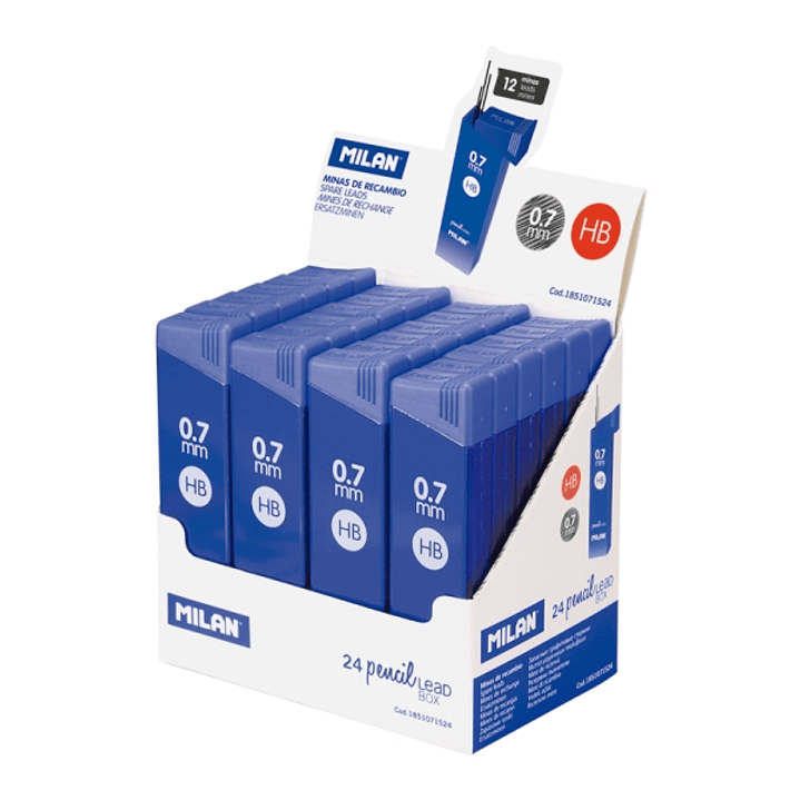 Milan Expositor con 24 Cajas de 12 Minas 0.7mm - Dureza HB - Color Azul 1