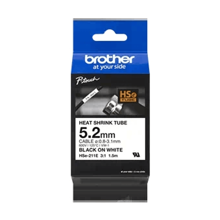 Brother HSE211E Cinta Tubo Termorretractil Original de Etiquetas para Cables - Texto negro sobre fondo blanco - Ancho 5.2mm x 1.5 metros - Cable recom 1