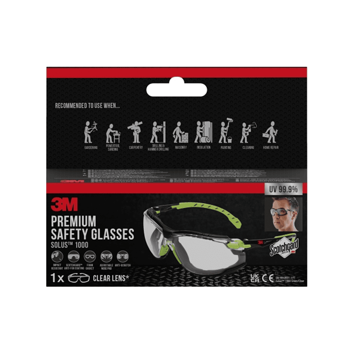 3M Solus Gafas de Seguridad - Junta de Espuma Acoplable - Lente Incolora - Revestimiento Antivaho - Antirrayaduras - Proteccion UV - Color Verde/Negro 1