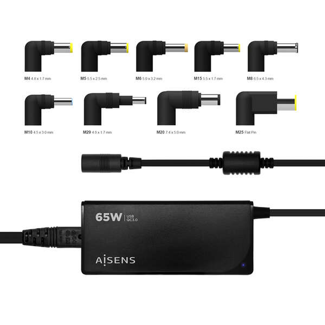Aisens Cargador 65W Automatico Universal Multitension para Portatil con 9 Conectores + USB-A QC.3.0 - Color Negro 1