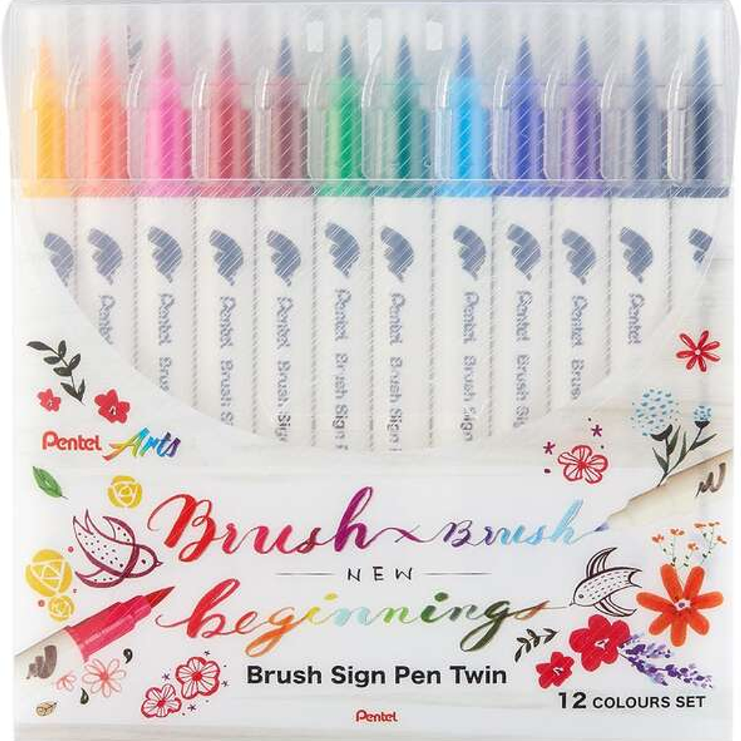 Pentel Brush Sing Pen Twin Pack de 12 Rotuladores con Doble Punta de Pincel Flexible - Punta Ancha 1-4mm, Punta Fina 0,2-2mm - Colores Surtidos 1