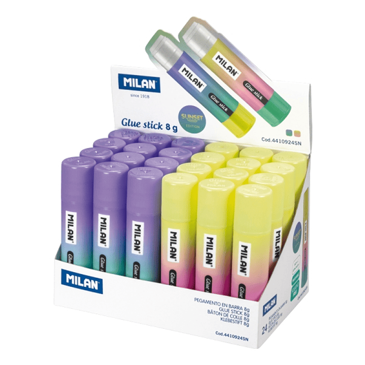 Milan Sunset Expositor con 24 Barras de Pegamento 8g - Multiusos - Multisuperficies - Sin Disolventes - Uso Escolar - Colores Surtidos 1