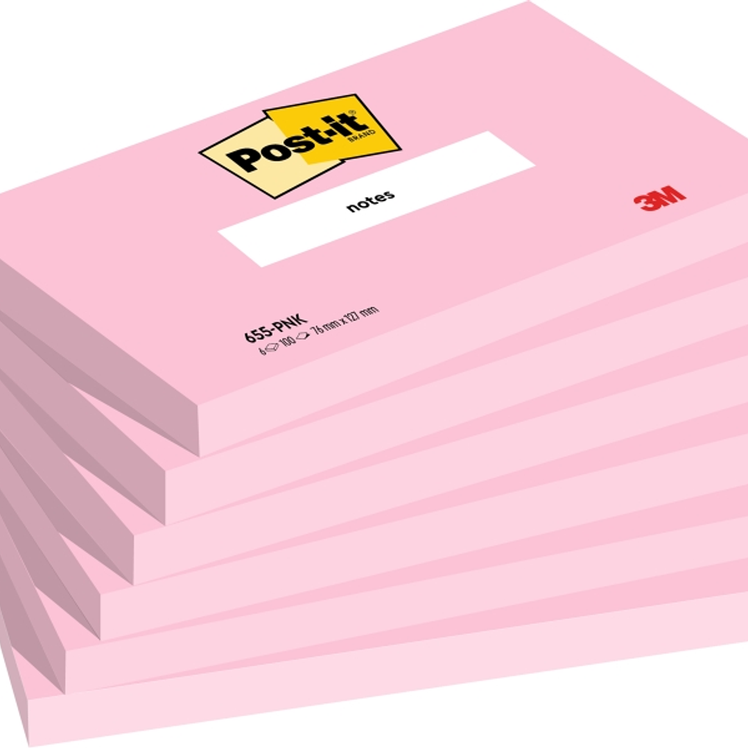 Post-It Pack de 6 Blocs de 100 Notas Adhesivas Reposicionables - Forma Rectangular - 76x127mm - Color Rosa 1